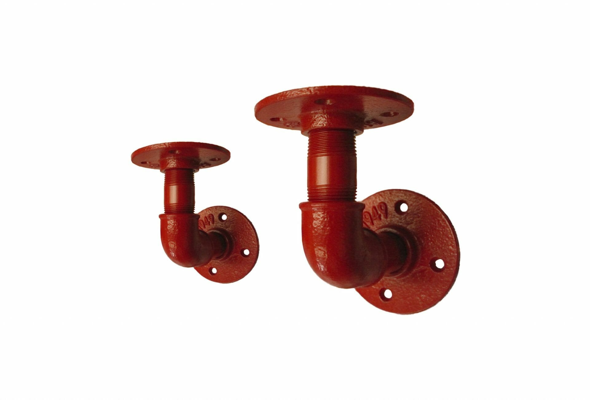 Red industrial pipe shelf brackets