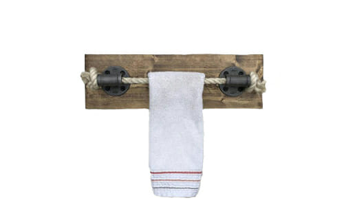 rope and wood towel rail with industrial pipe clamps