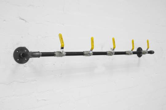 industrial steel pipe coat rack with yellow valve tap hooks