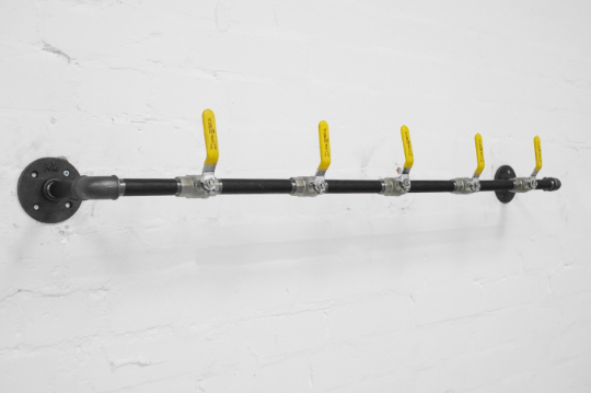 industrial steel pipe coat rack with yellow valve tap hooks