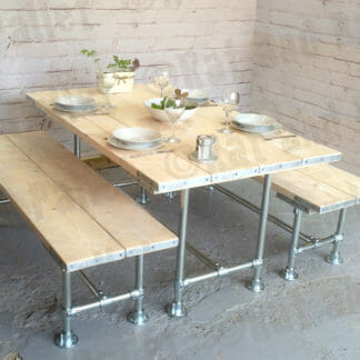 reclaimed wood and industrial steel pipe garden picnic table