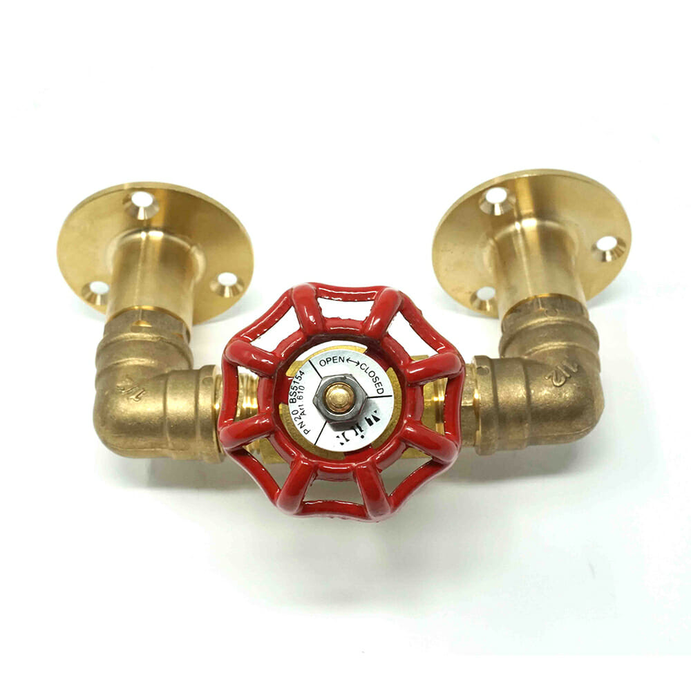 Brass industrial pipe coat hook with red turn valve