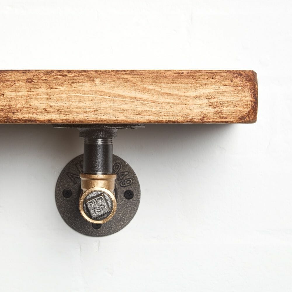 Raw steel brass tee nut industrial shelf brackets reclaimed wood shelf