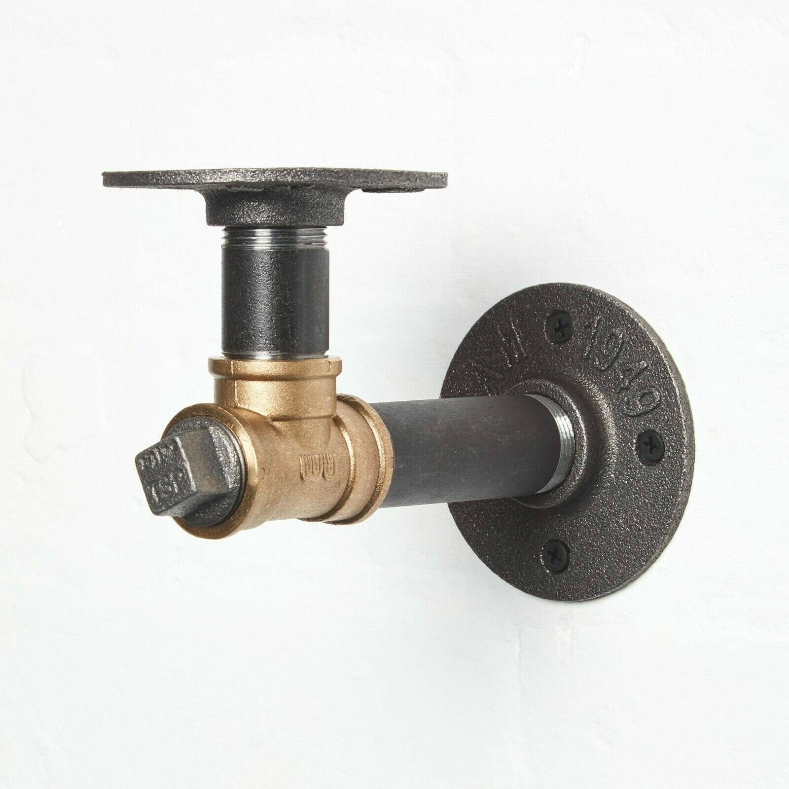 Black steel tee nut industrial pipe shelf bracket with brass elbows handmade