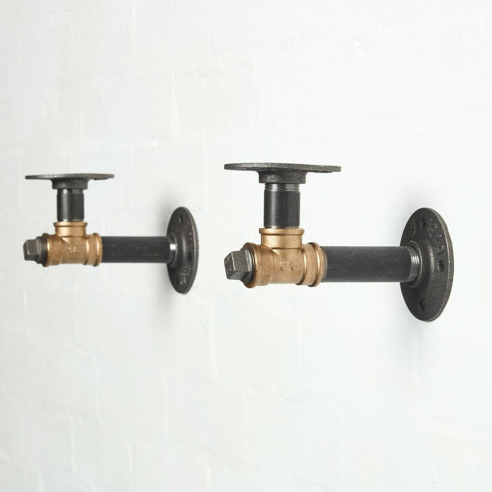 Black steel tee nut industrial pipe shelf bracket with brass elbows handmade