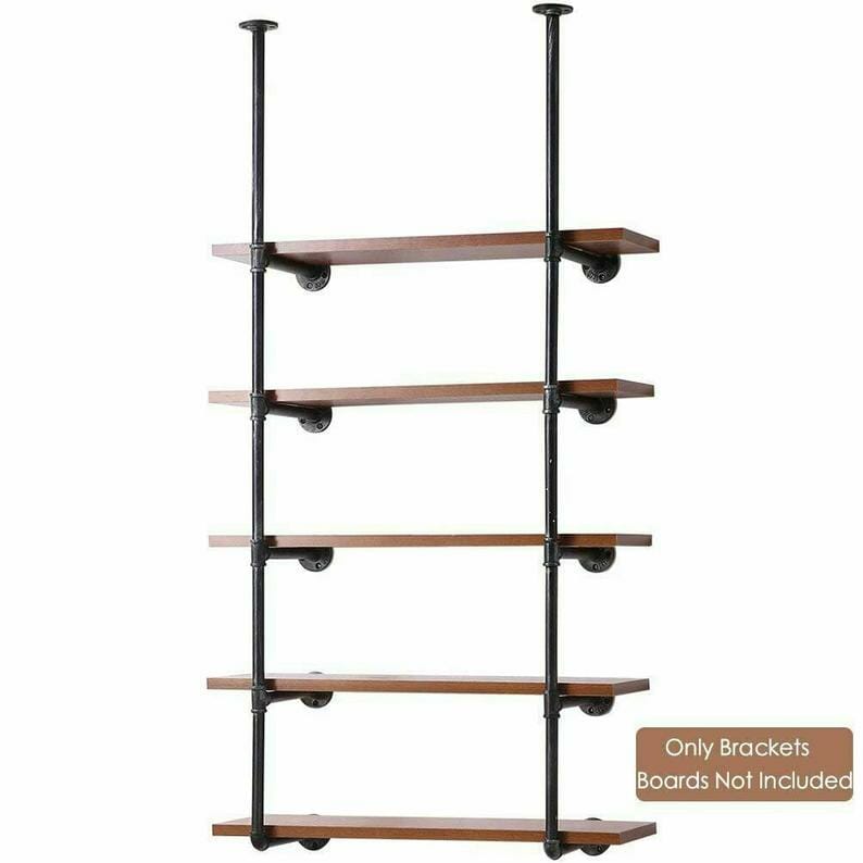 Wall and ceiling mounted industrial pipe shelving unit with reclaimed wood shelves