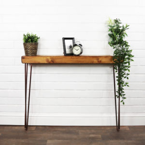 14cm x 4.4cm Slimline Reclaimed Timber Console Table with Copper Hairpin Legs - 1
