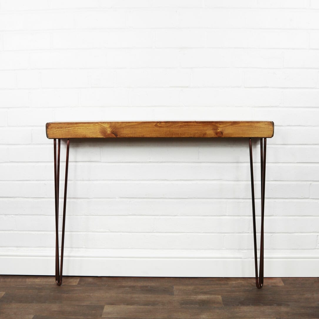 Chunky Reclaimed Timber Console Table with Copper Hairpin Legs Reclaimed Timber Style Pipe Dream Furniture