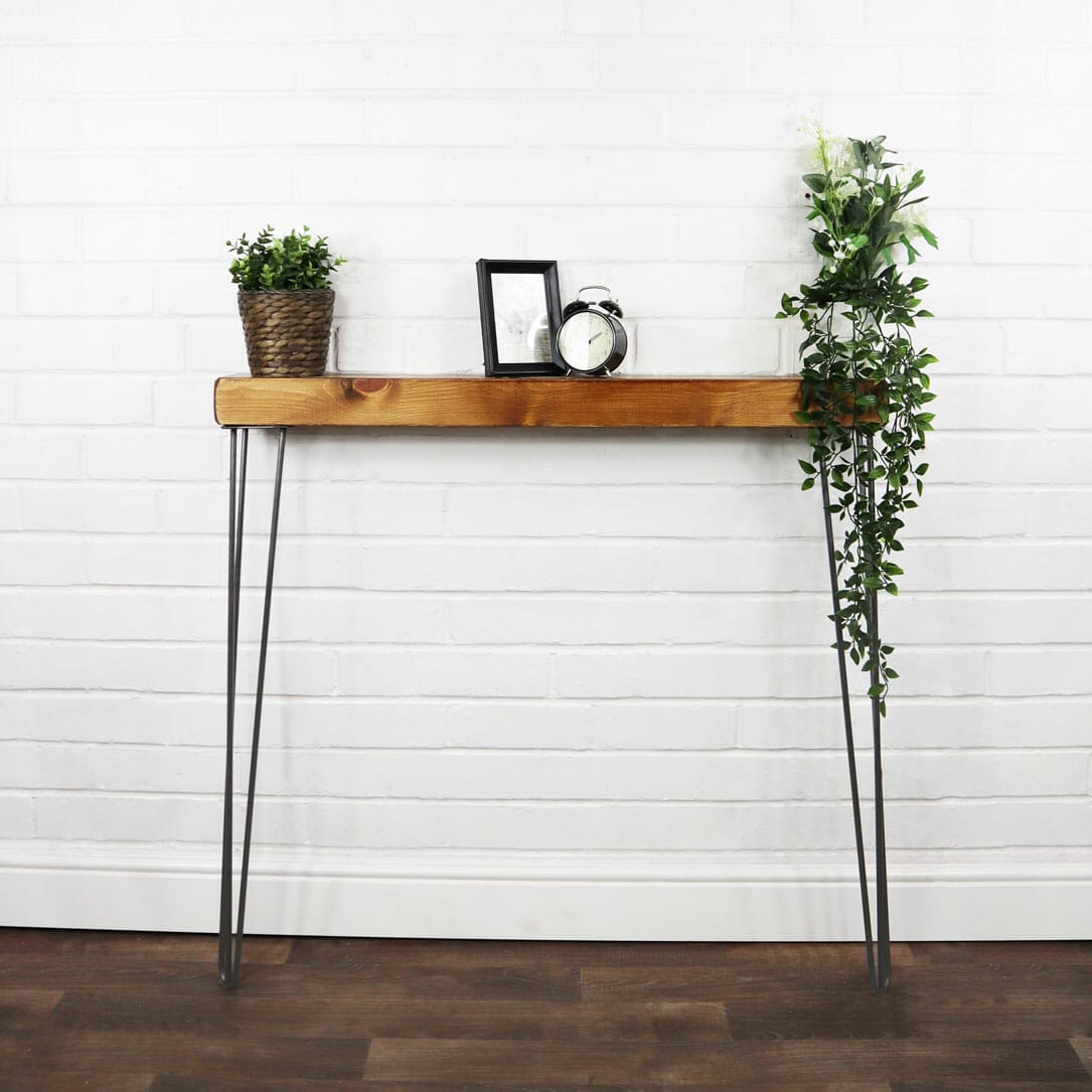 14cm x 4.4cm Slimline Reclaimed Timber Console Table with Raw Steel Hairpin Legs (86cm) - 1