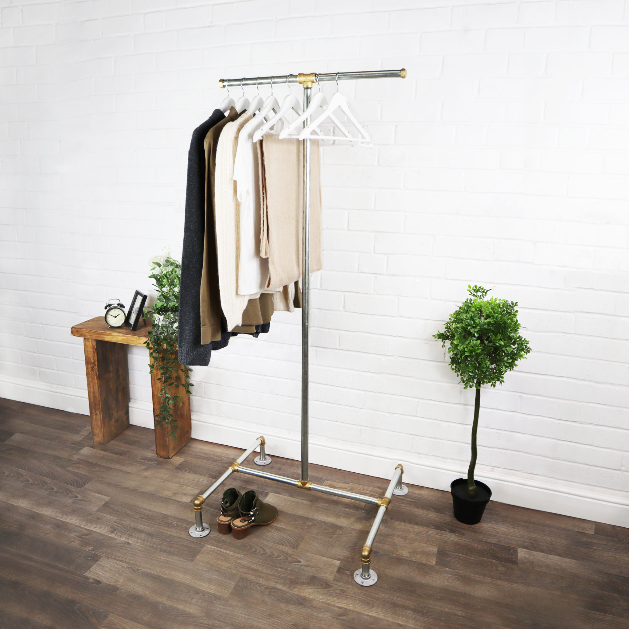 Free Standing Tee Clothing Rail Industrial Silver Steel And Brass Pipe Style Pipe Dream