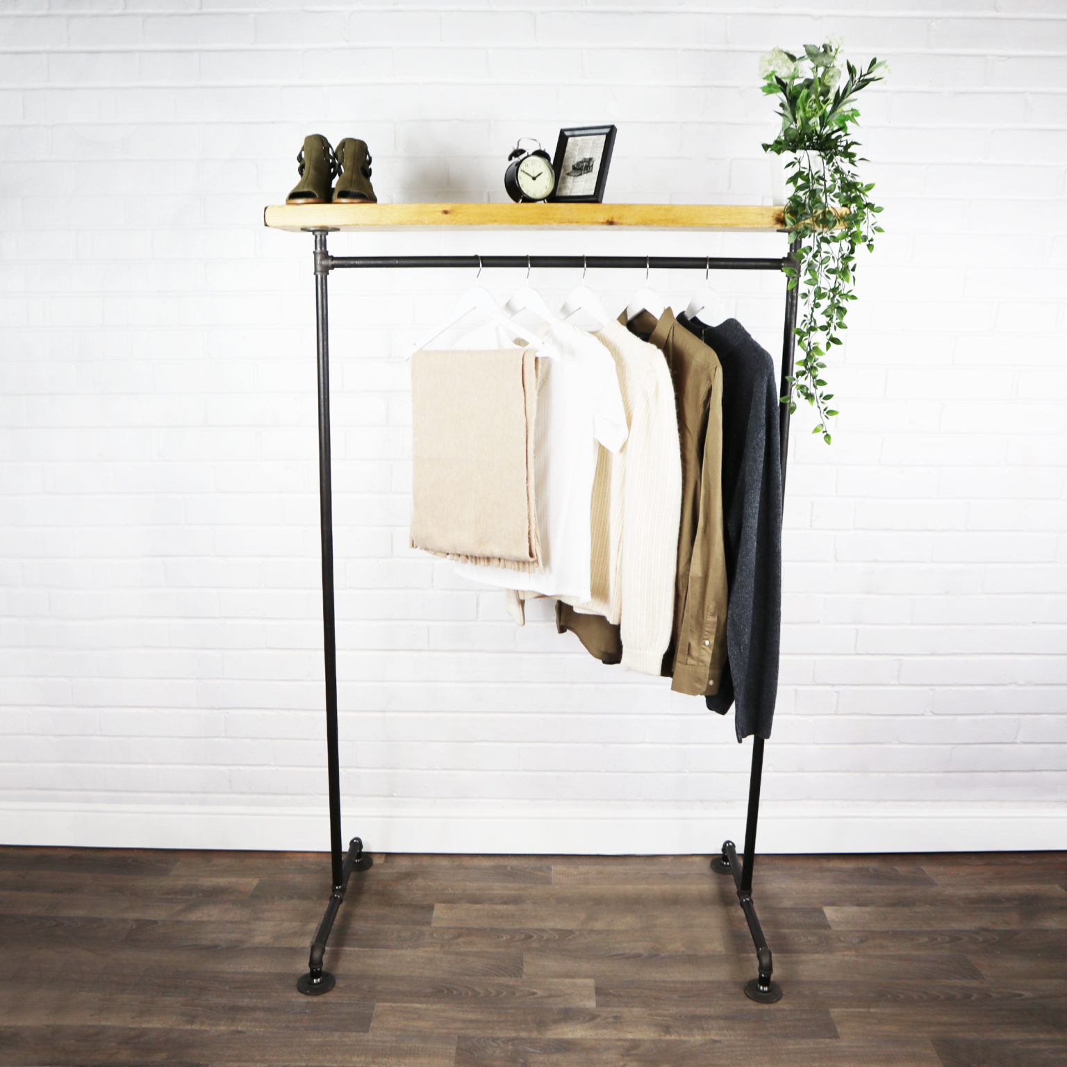 Free Standing Clothing Rail with Wooden Shelf Industrial Raw Steel Pipe Style Pipe Dream