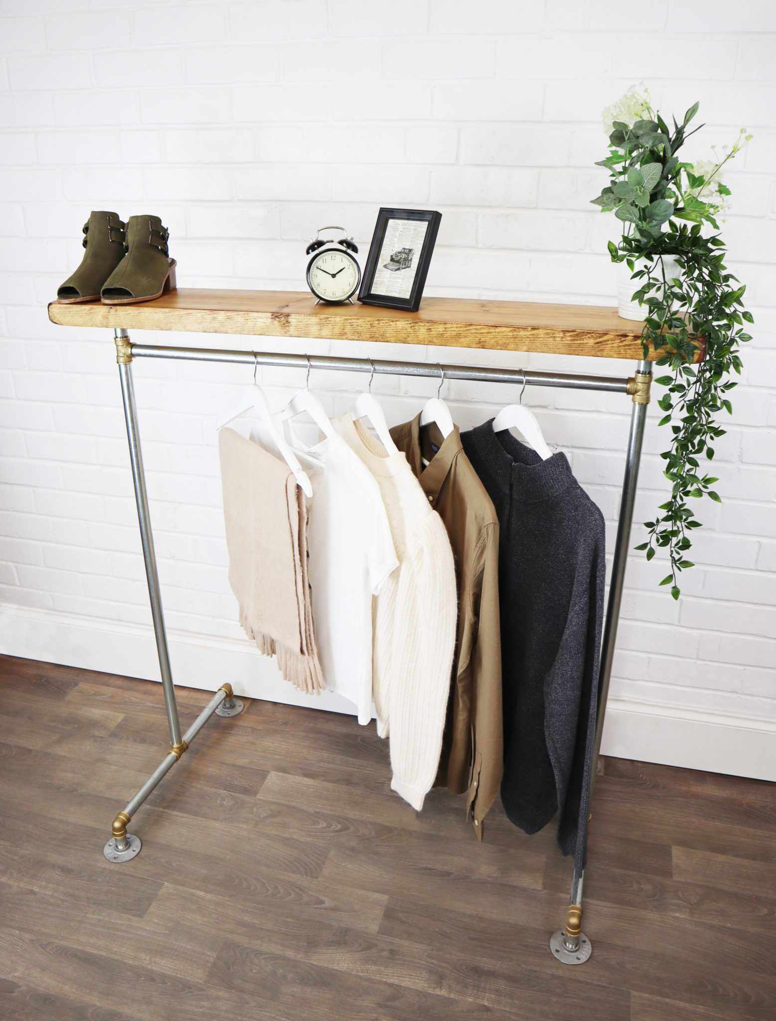 Free Standing Clothing Rail with Wooden Shelf Industrial Silver Steel And Brass Pipe Style