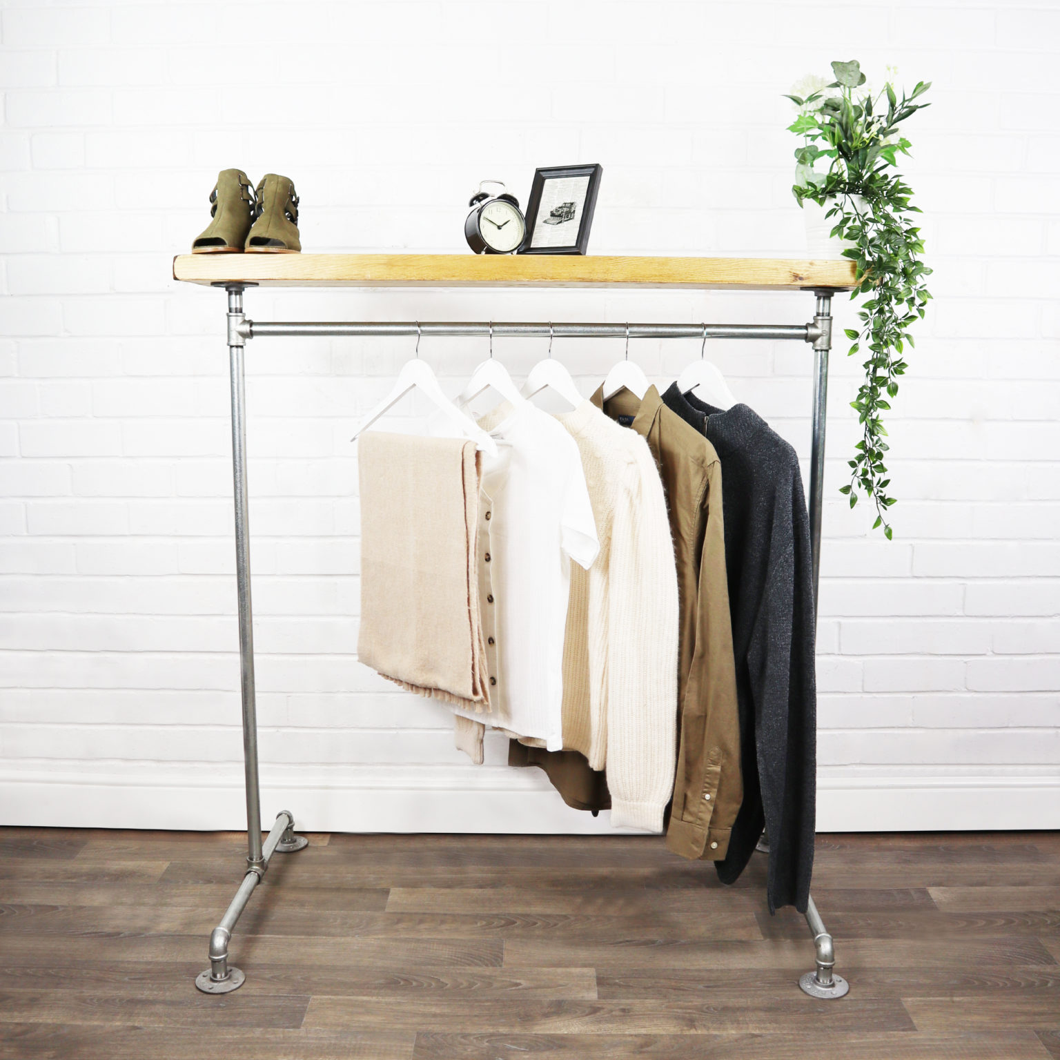Free Standing Clothing Rail with Wooden Shelf Industrial Silver Steel Pipe Style Pipe Dream