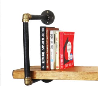 brass and raw steel D shape industrial pipe shelf bracket close up holding shelf