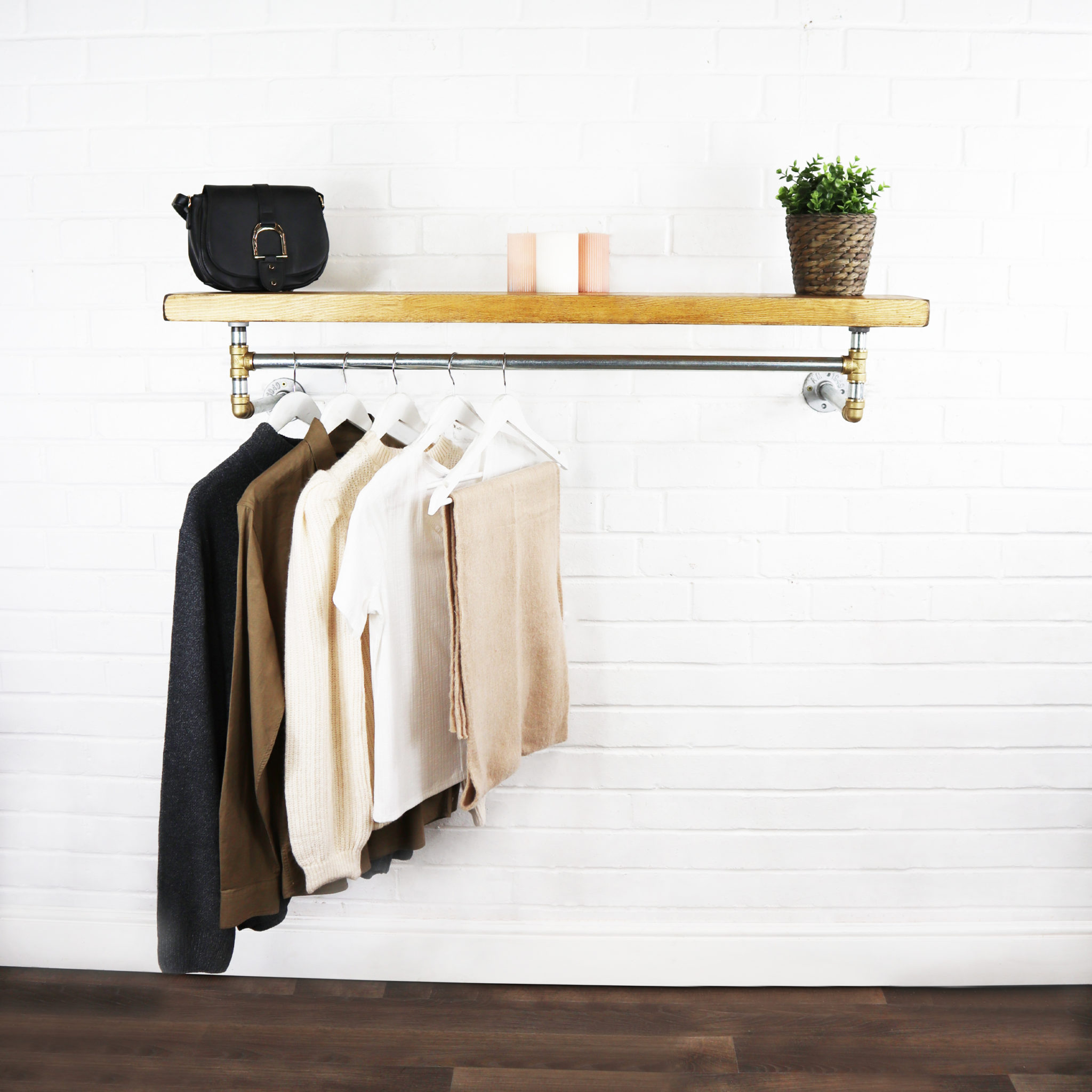 Wall Mounted Clothes Rail With Floating Shelf Industrial Silver And Brass Steel Pipe Style