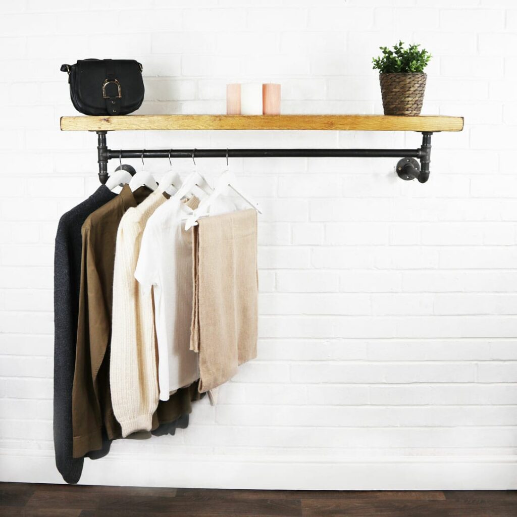 Wall Mounted Clothes Rail With Floating Shelf | Industrial Raw Steel