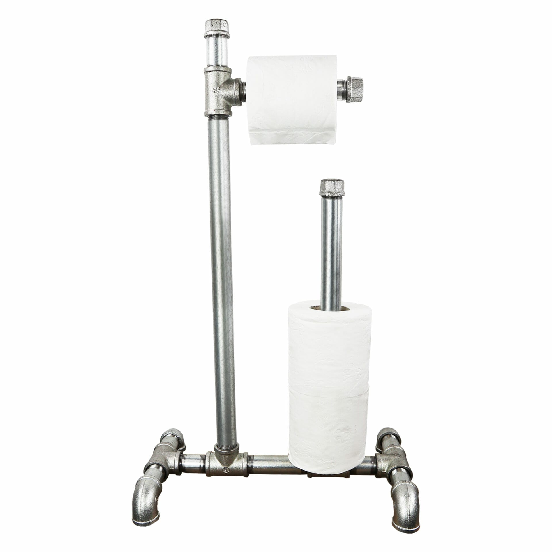Free Standing Toilet Roll Holder with Spare Roll Holder  Industrial Silver  Steel Pipe Style - Pipe Dream Furniture