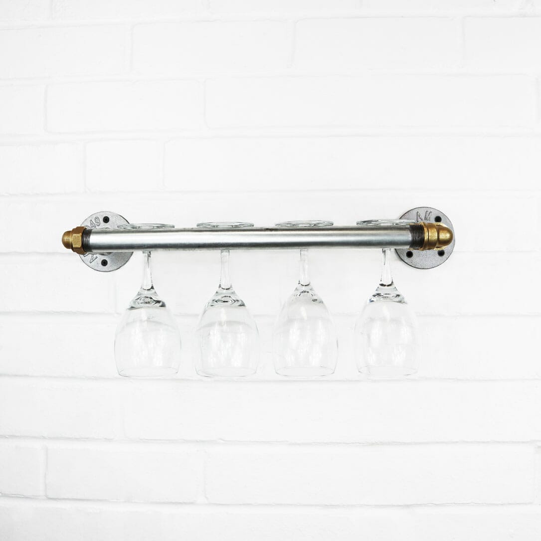 Parallel Pipe Wine Glass Holder Industrial Silver Steel and Brass Pipe Style Pipe Dream Furniture