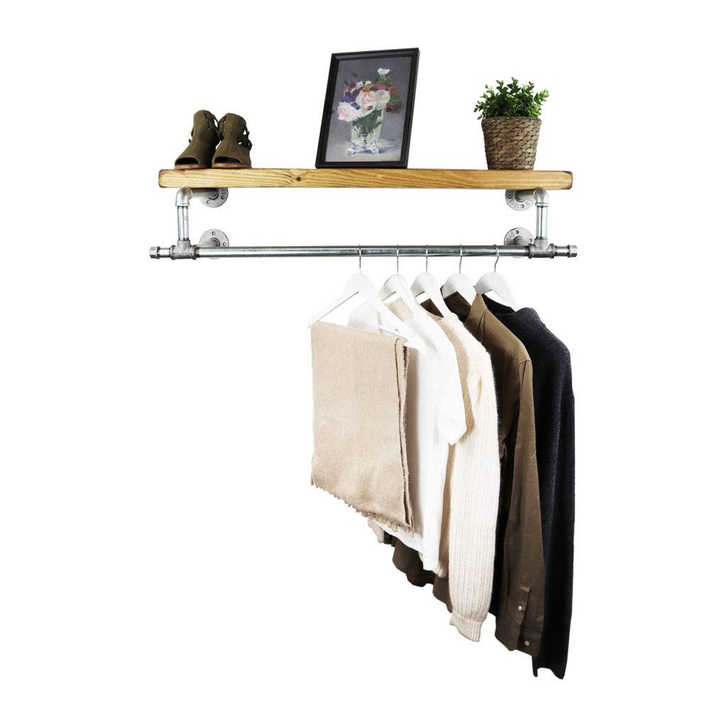 Double Hanging Clothes Rail with Deep Solid Wood Shelf | Industrial ...