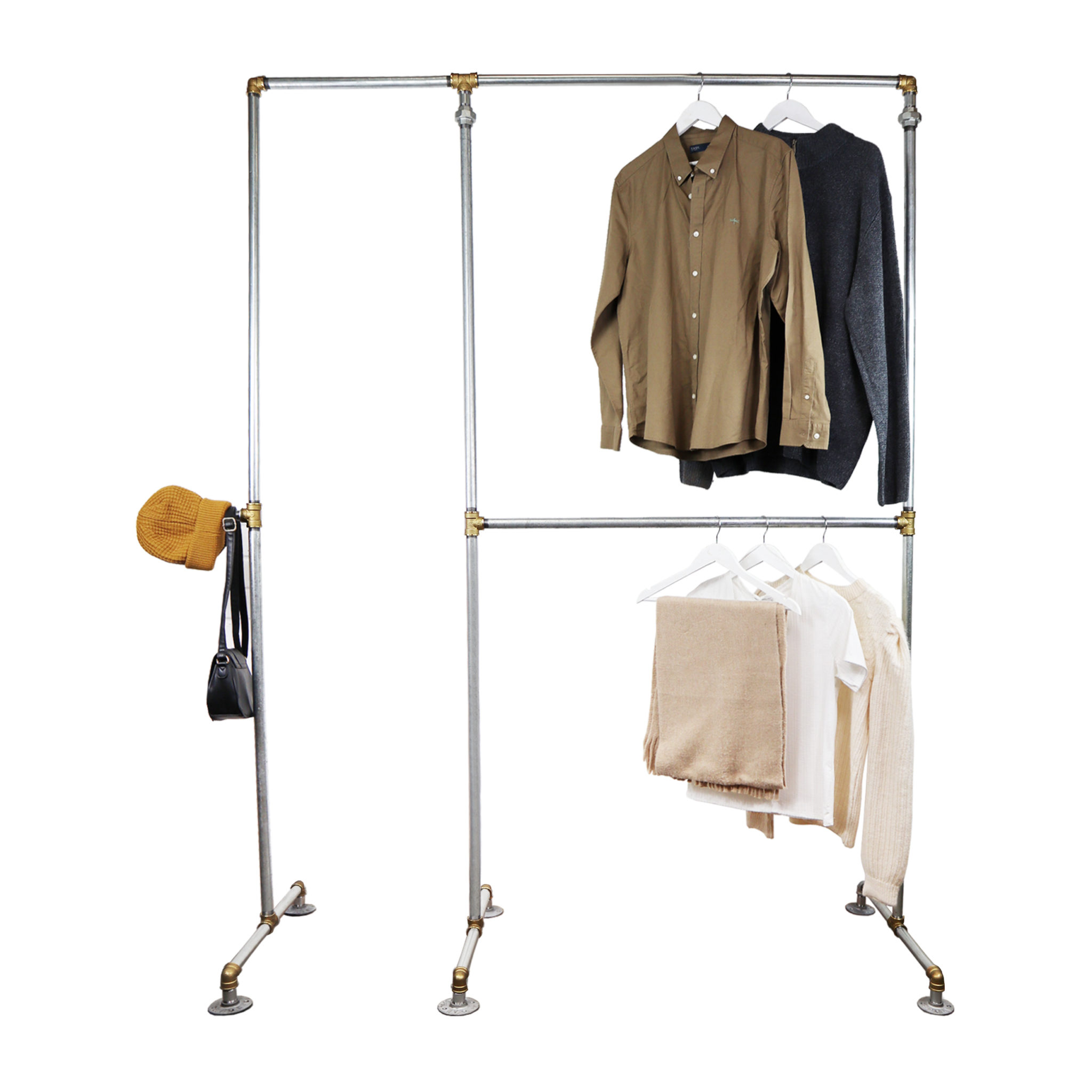 Free Standing Full Height Clothing Rail Industrial Silver And Brass Pipe Style Pipe Dream