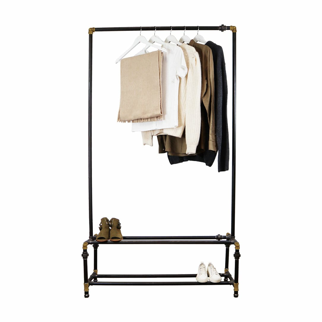 Two Tiered Shoe Rack with Clothes Rail | Industrial Raw Steel and Brass ...