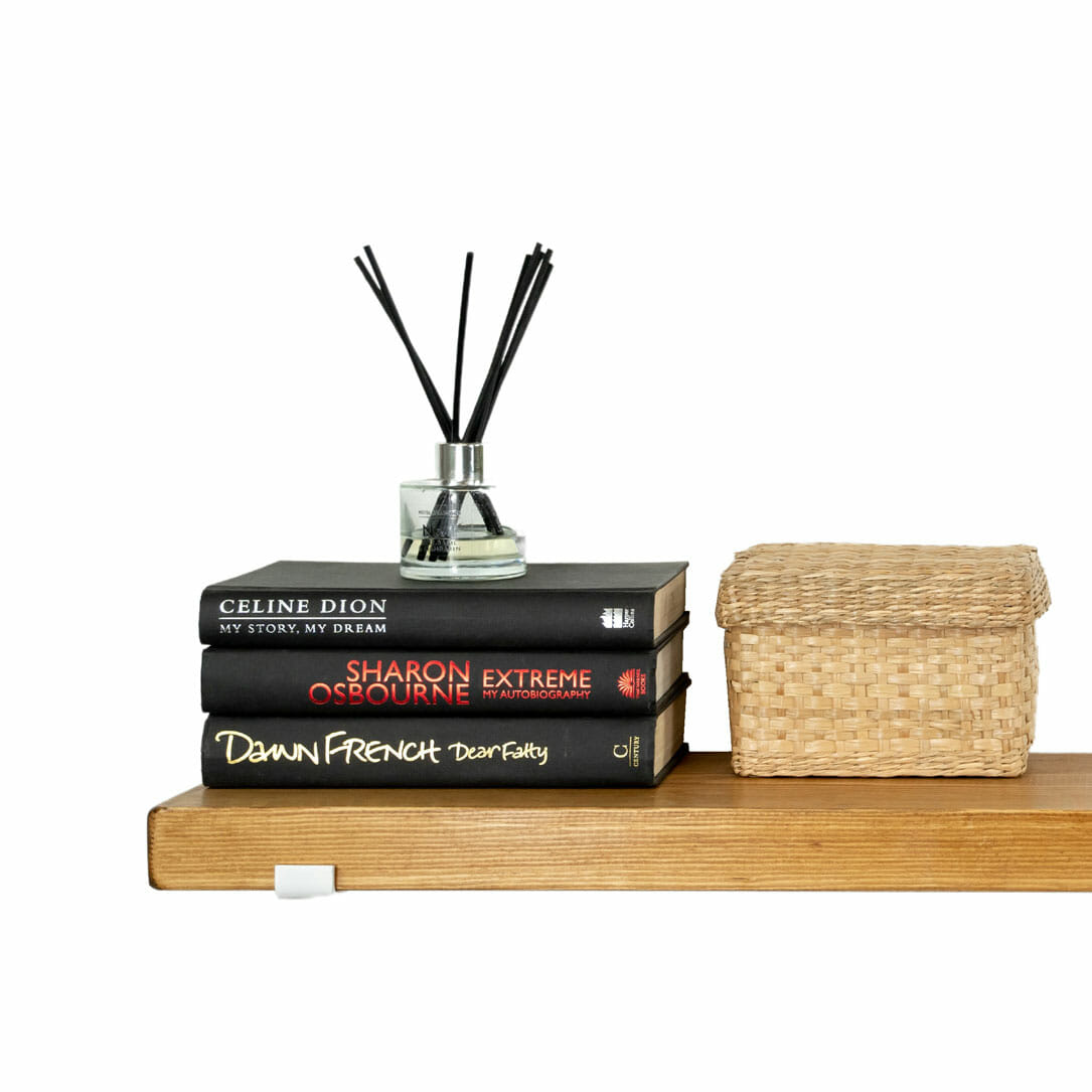 Reverse lip shelf bracket industrial style white with books