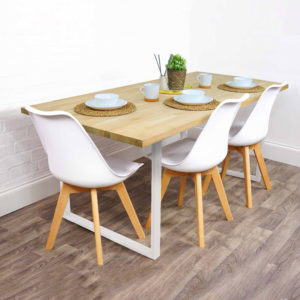 Solid wooden table with white steel legs