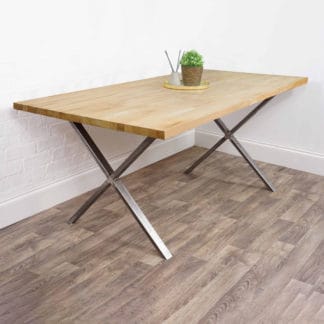 Solid wooden table with raw steel x legs