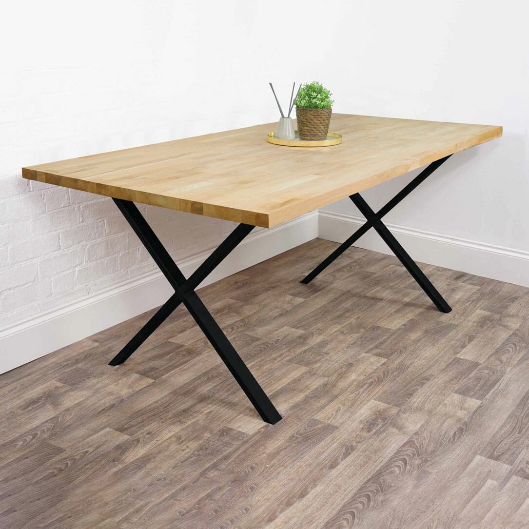 Solid wooden table with black x steel legs