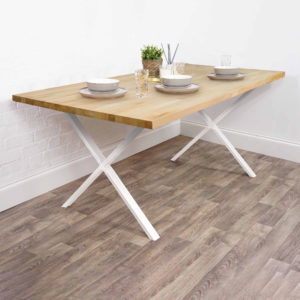 Solid wooden table with white x steel legs