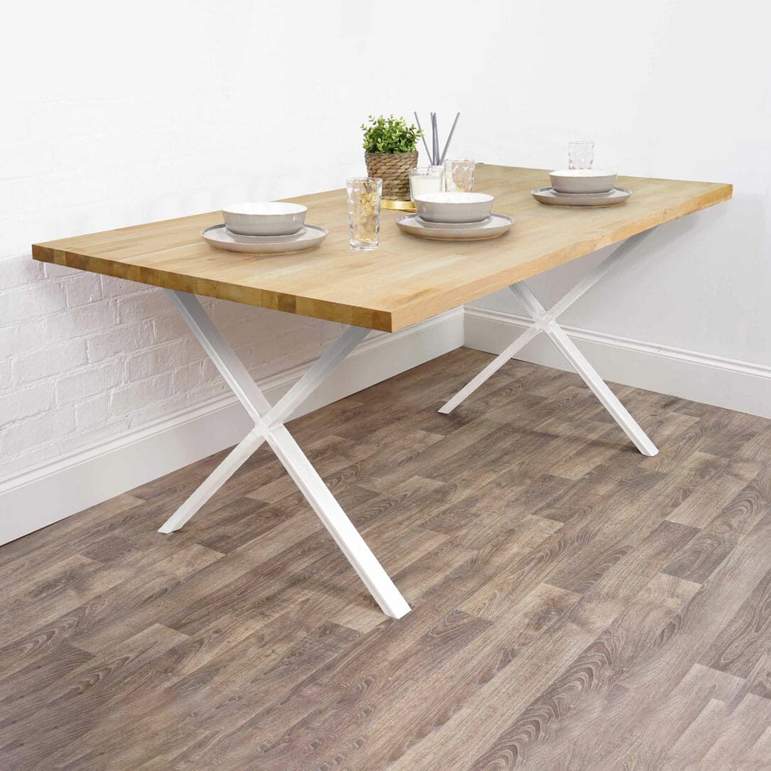 Solid wooden table with white x steel legs