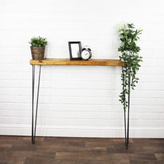 Slimline console table reclaimed wood with raw steel hairpin legs