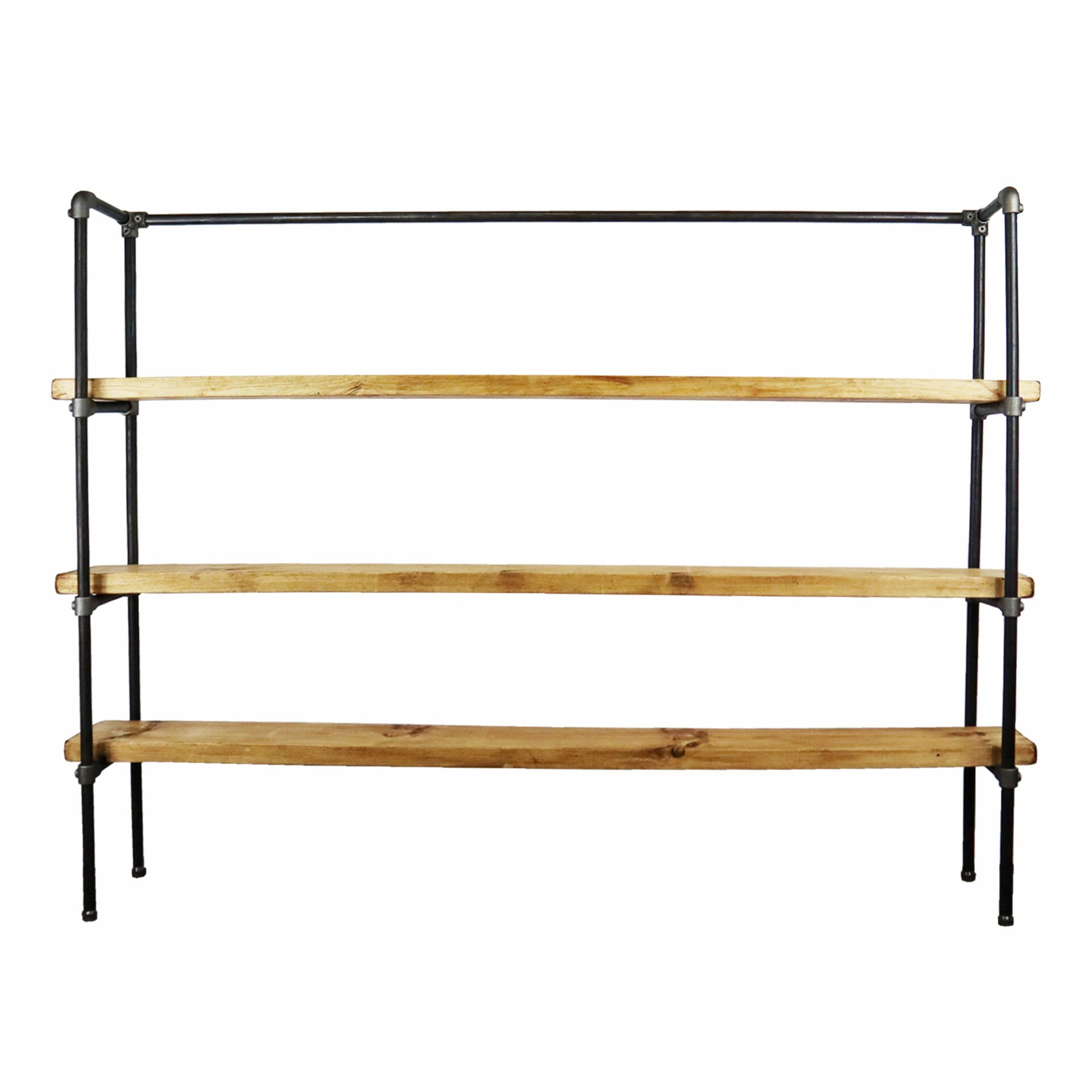 Raw steel industrial pipe shelving unit with reclaimed wooden shelves freestanding