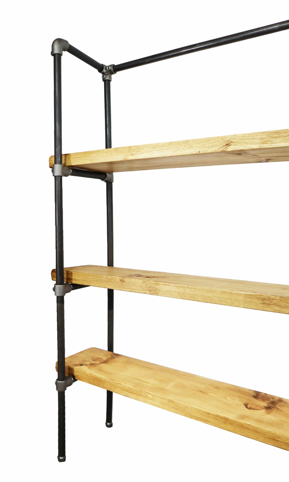 Raw steel industrial pipe shelving unit with reclaimed wooden shelves