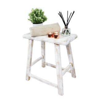 Rectangular elm wood handmade stool white wash finish rustic furniture