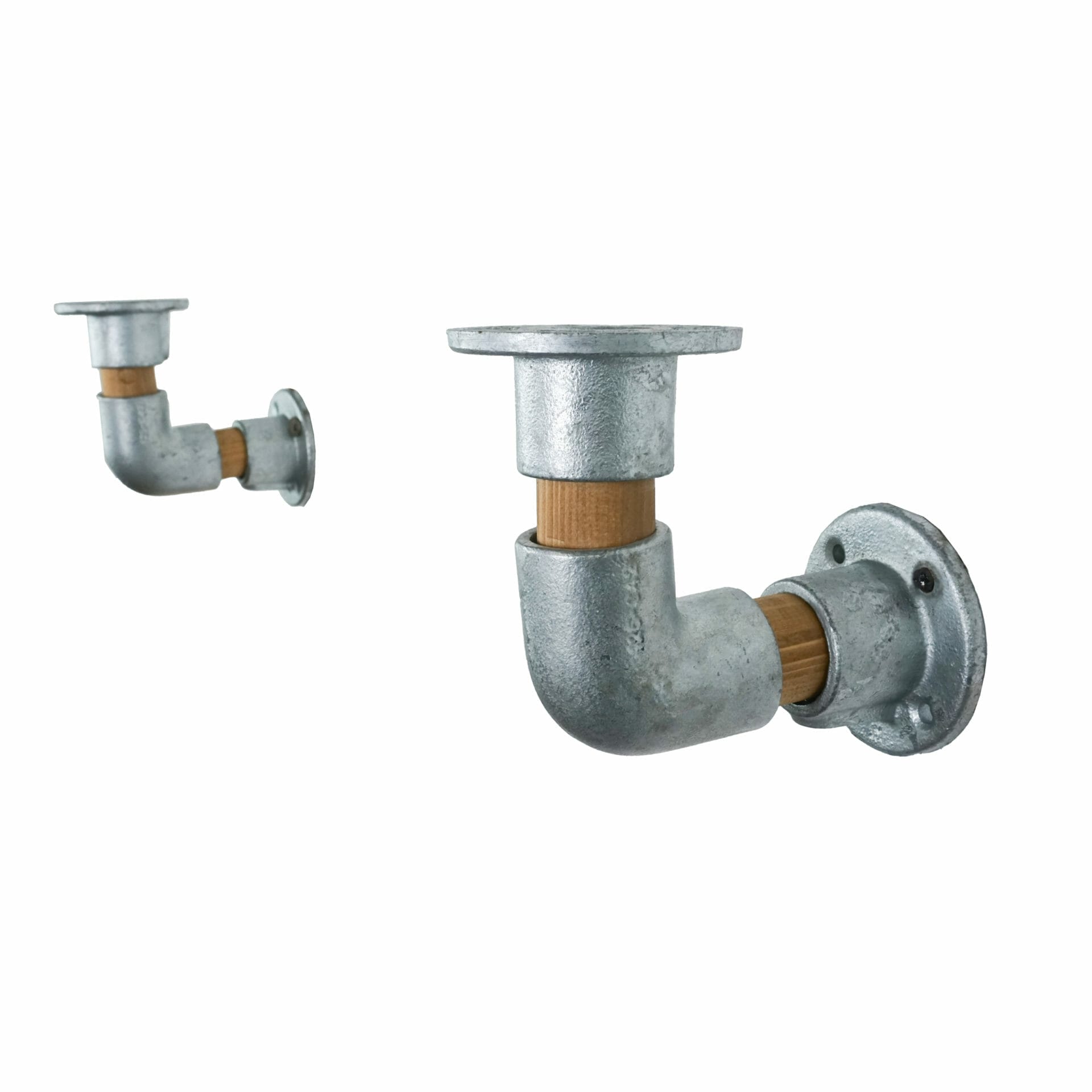 Industrial steel pipe fittings with wooden support shelf bracket