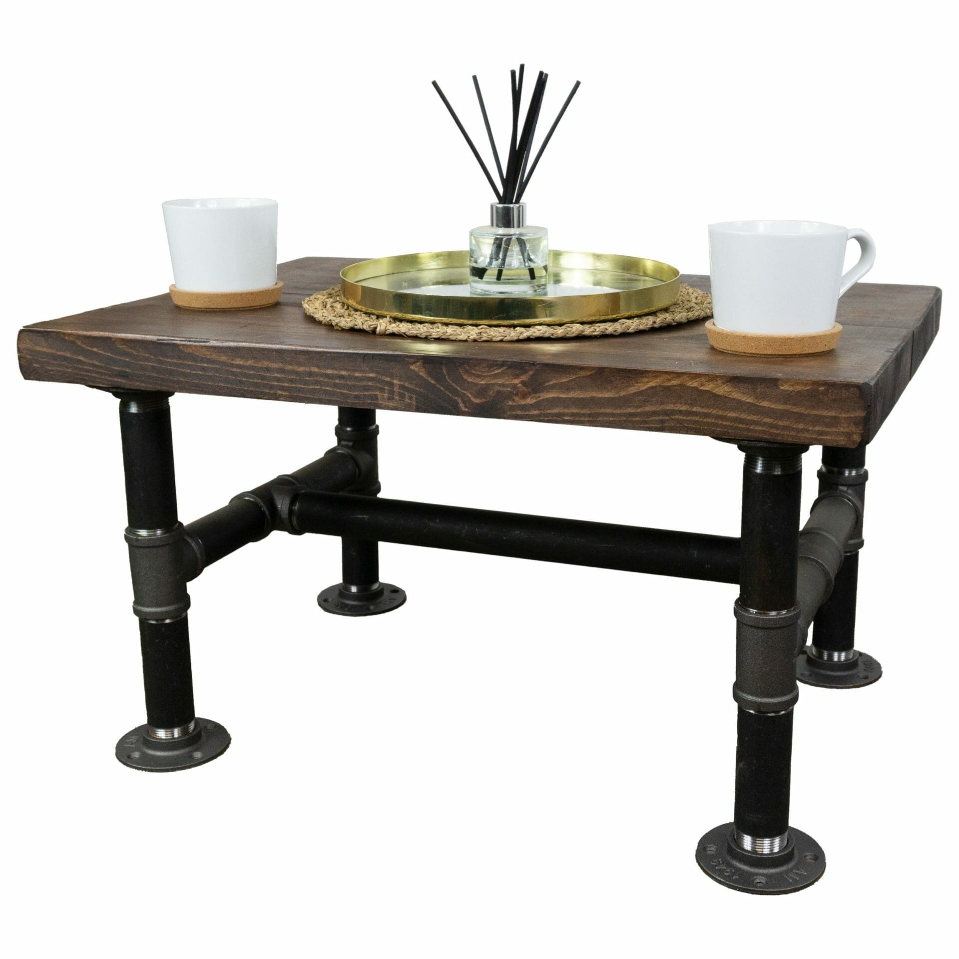 black steel industrial pipe table with reclaimed wooden top