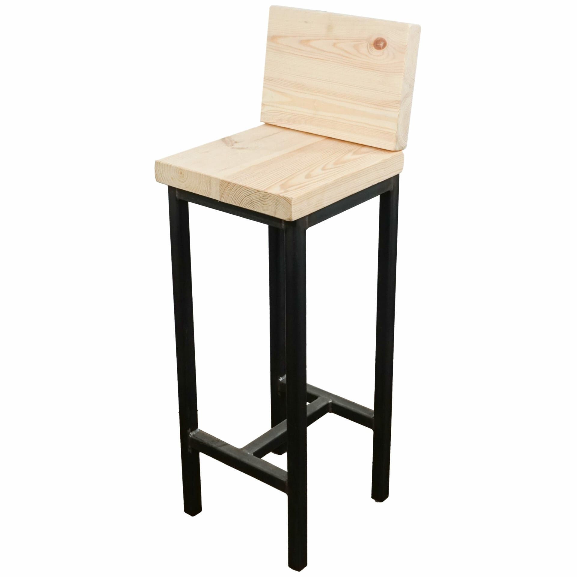 high bar stool with steel black legs and reclaimed wooden seat and back