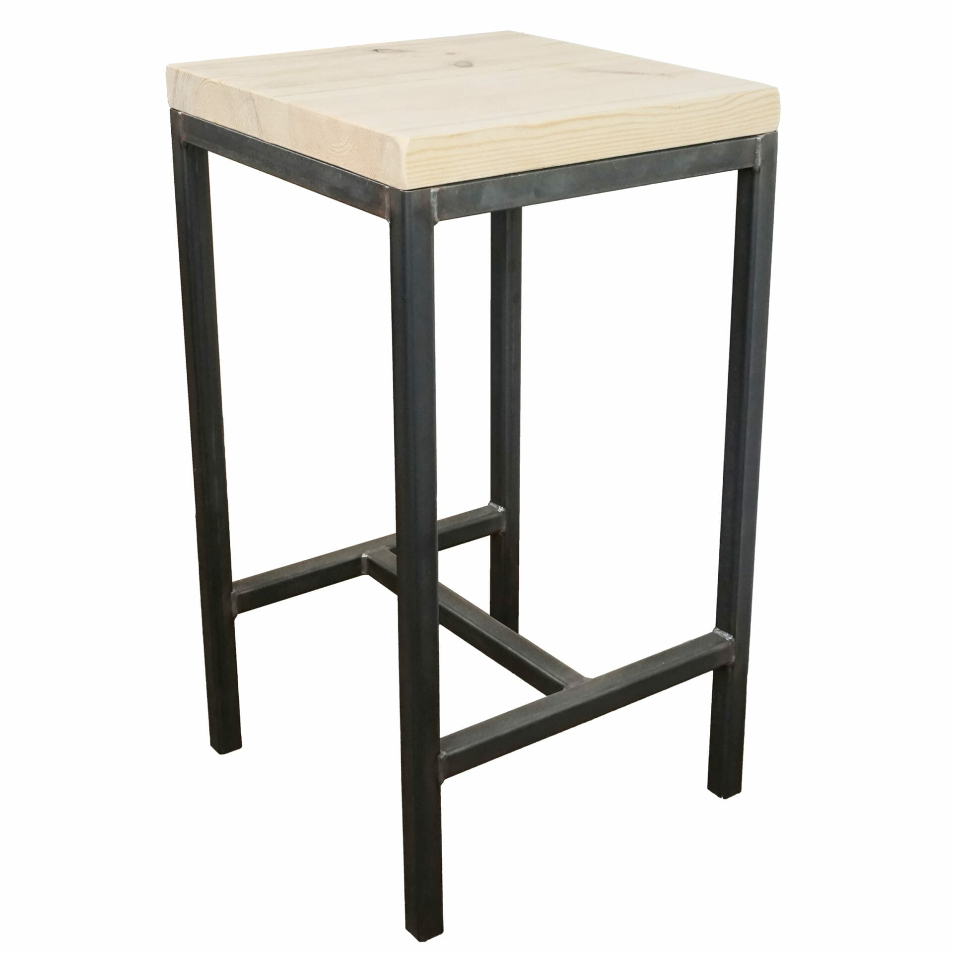 high bar table stool with steel black legs and reclaimed wooden seat