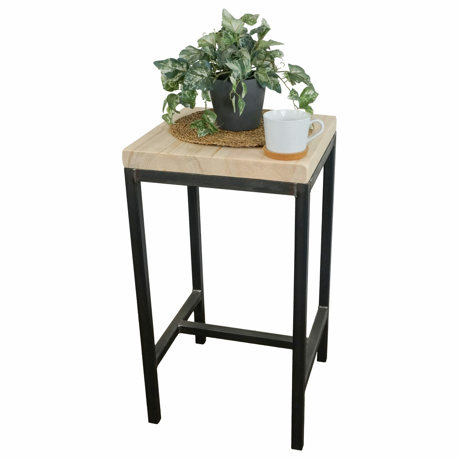 high bar table stool with steel black legs and reclaimed wooden seat