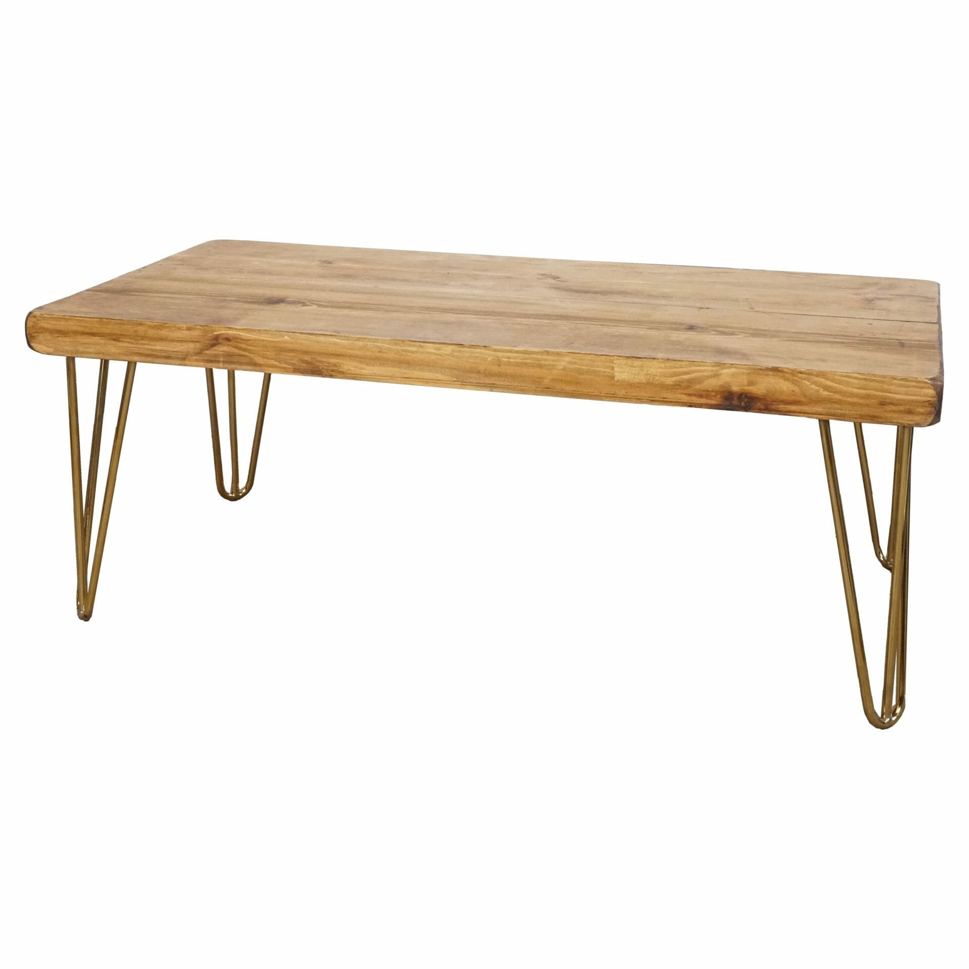 coffee table with brass hairpin legs and reclaimed wood table top
