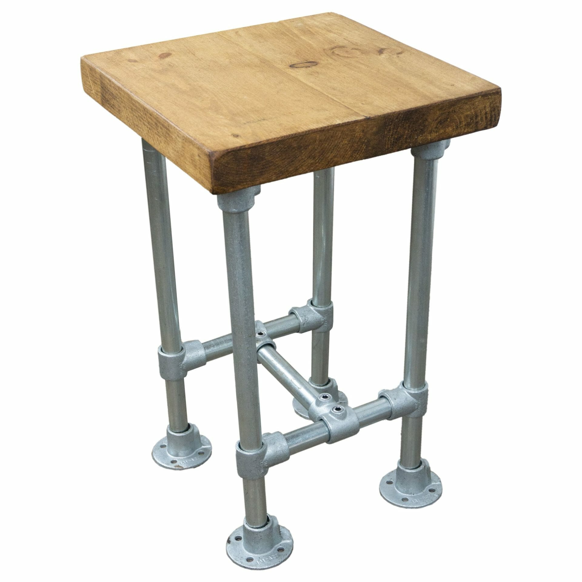 industrial silver steel keyclamp stool industrial pipe with reclaimed wood seat