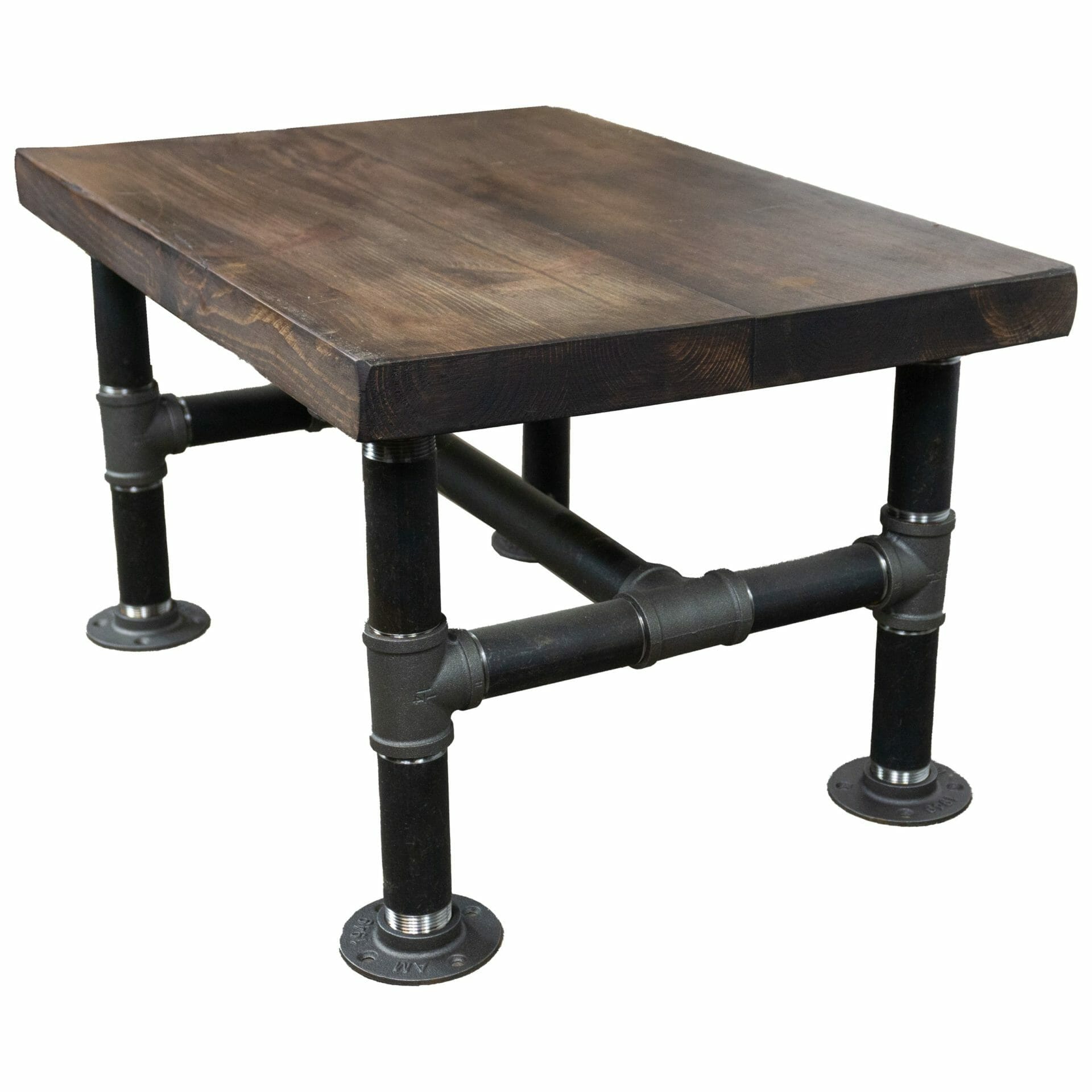 black steel industrial pipe table with reclaimed wooden top