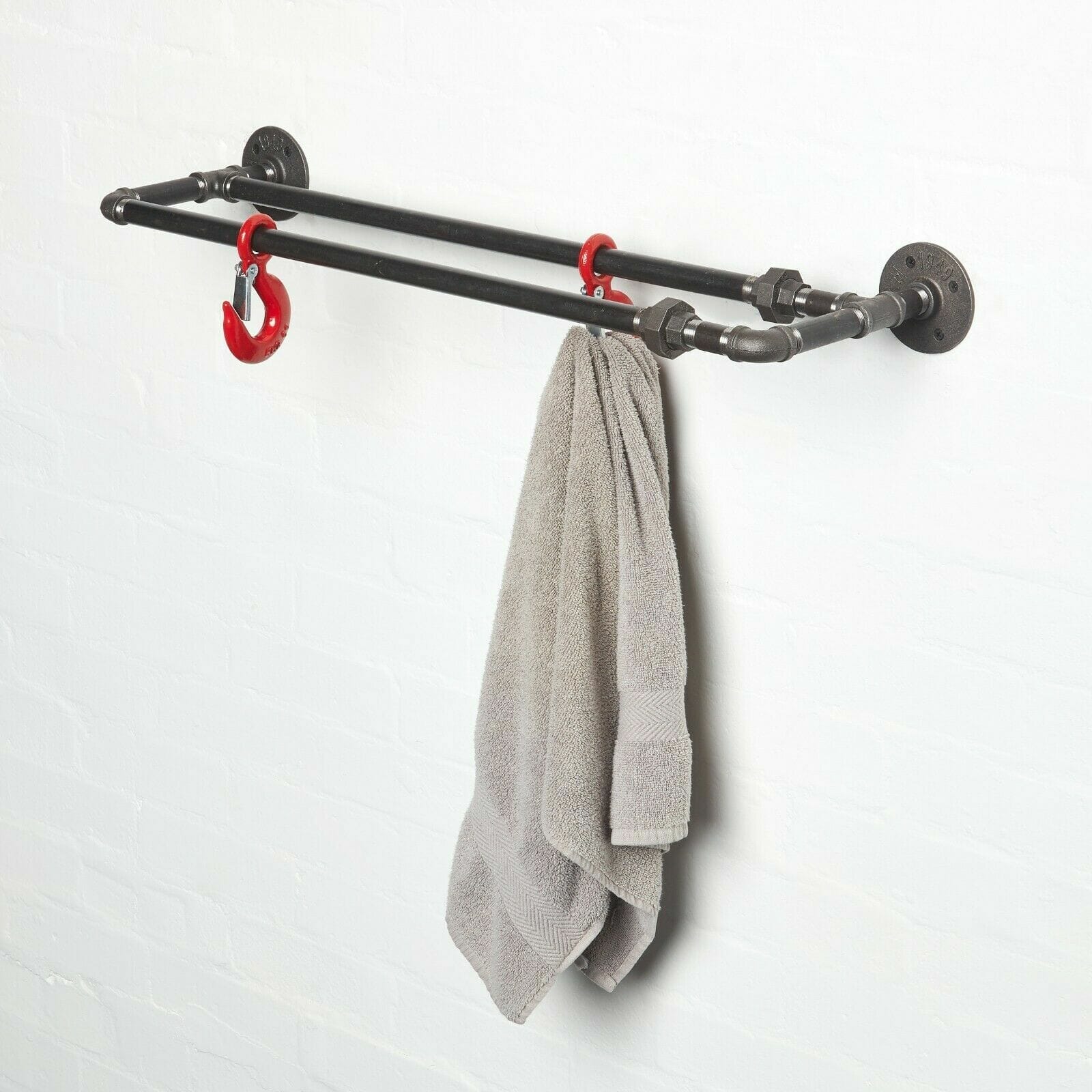 raw steel industrial pipe double towel rail with red hooks