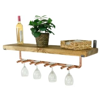 reclaimed wood shelf with copper industrial pipe wine glass holder