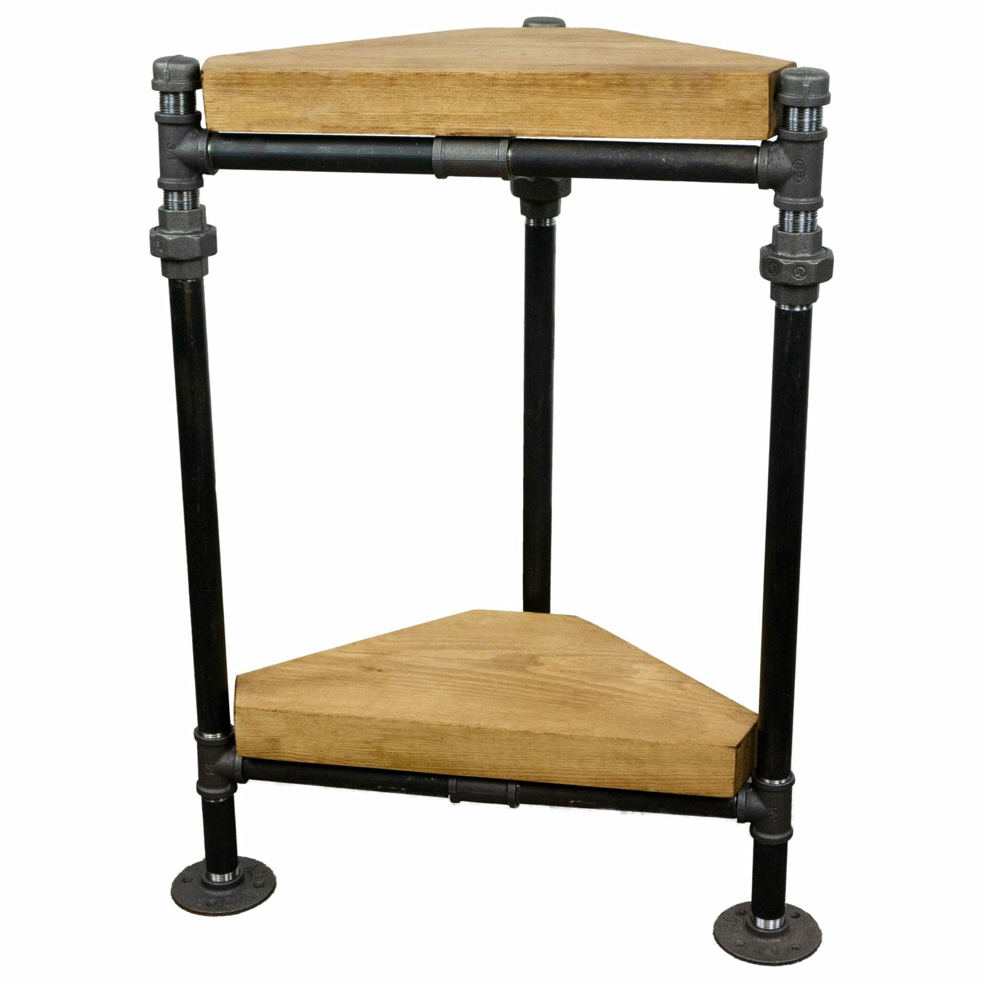 black steel industrial pipe corner table with reclaimed wooden shelves