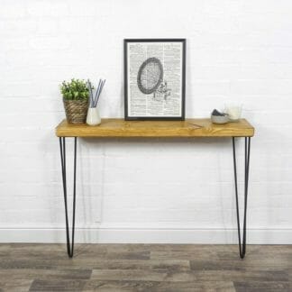 console table with black steel hairpin legs and reclaimed wood top