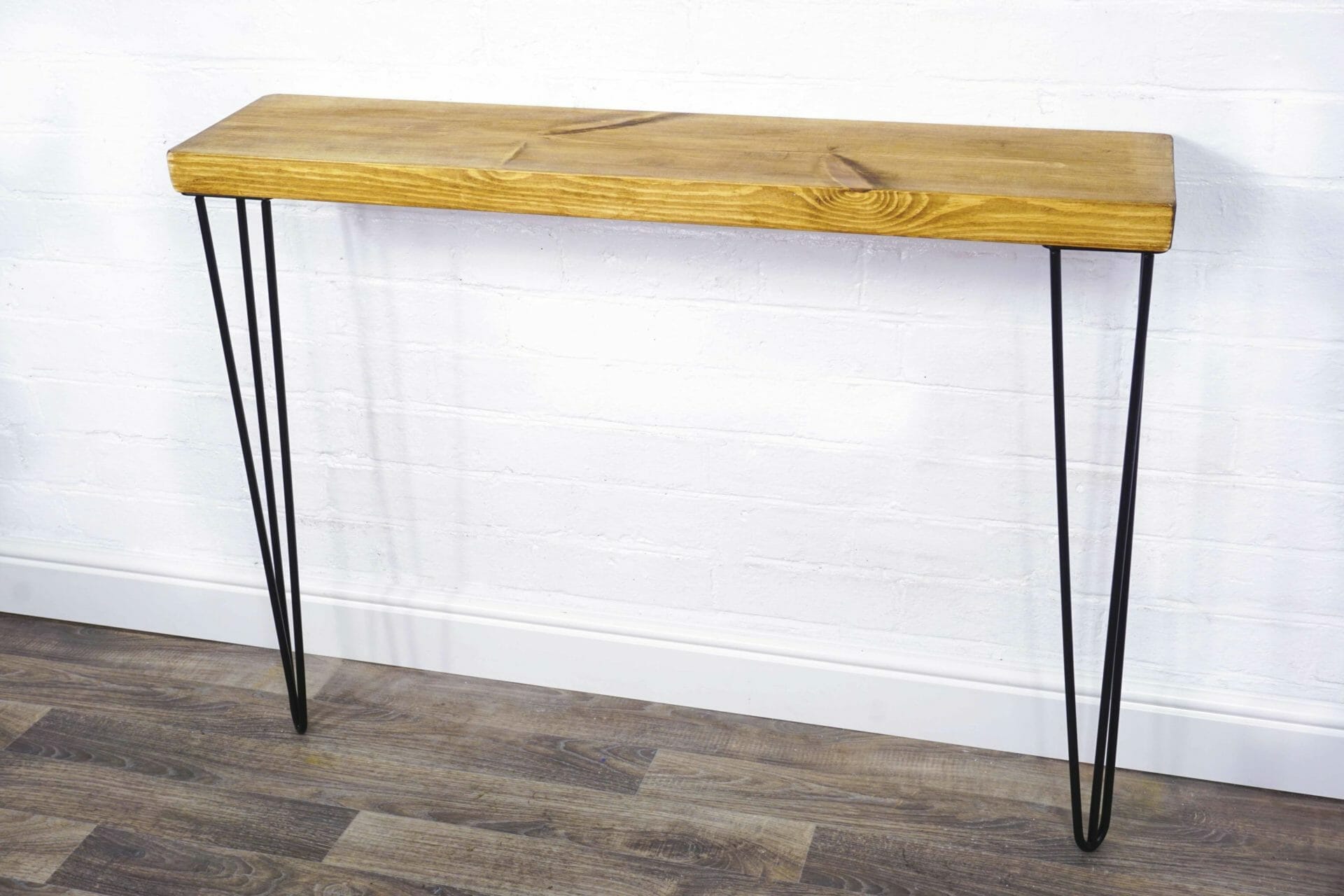 console table with black steel hairpin legs and reclaimed wood top