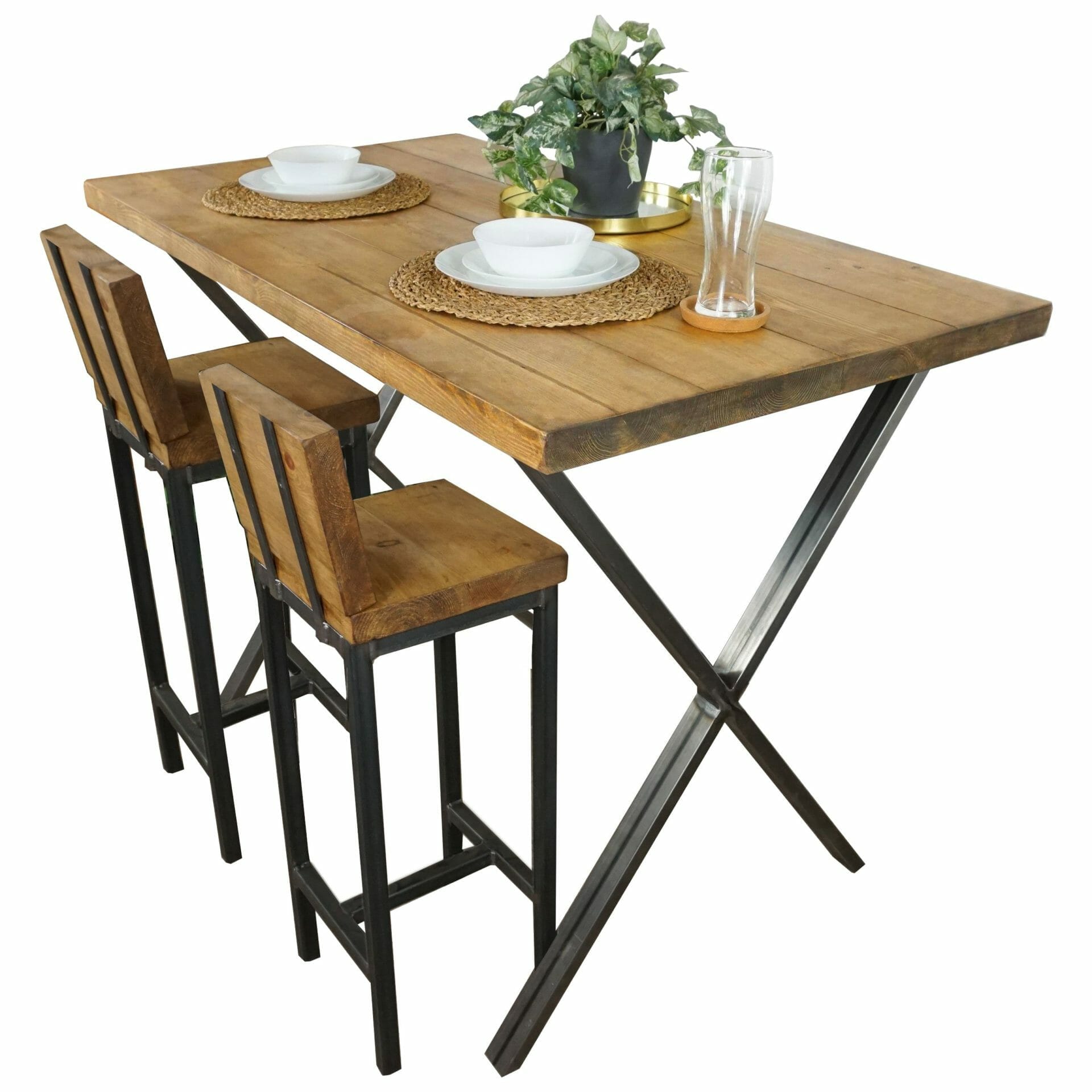 handmade tall reclaimed wood table with steel legs and matching chairs