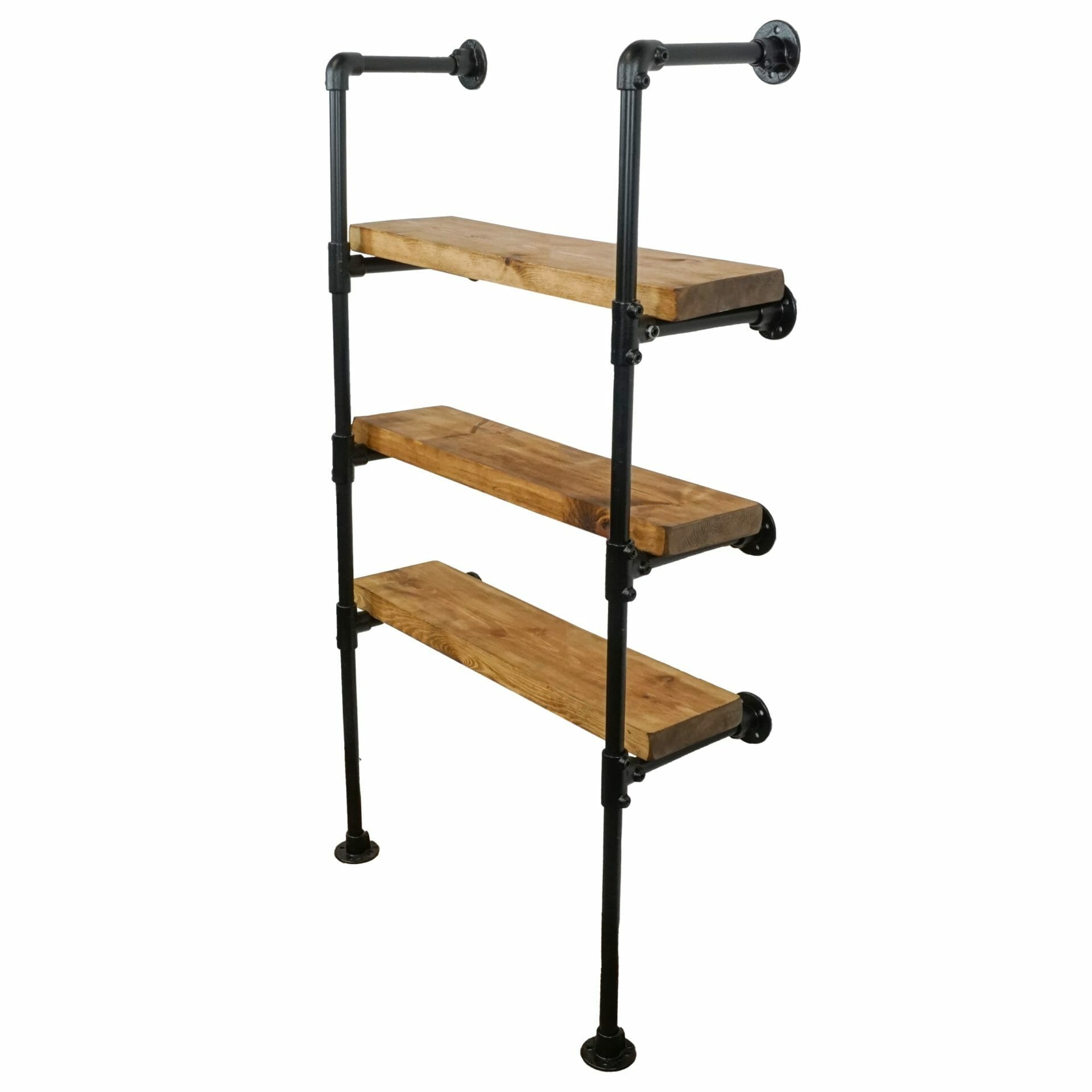 industrial pipe wall and floor mounted shelving unit reclaimed timber
